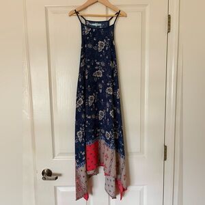Navy Floral Midi Dress Handkerchief hemline - Size M